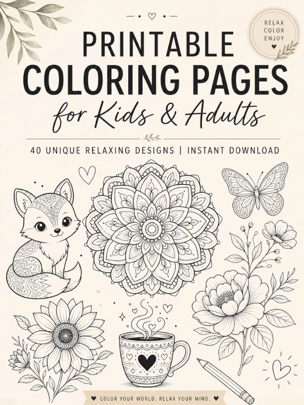 Relaxing Digital Coloring Pages for Kids & Adults (40 Printable Designs)