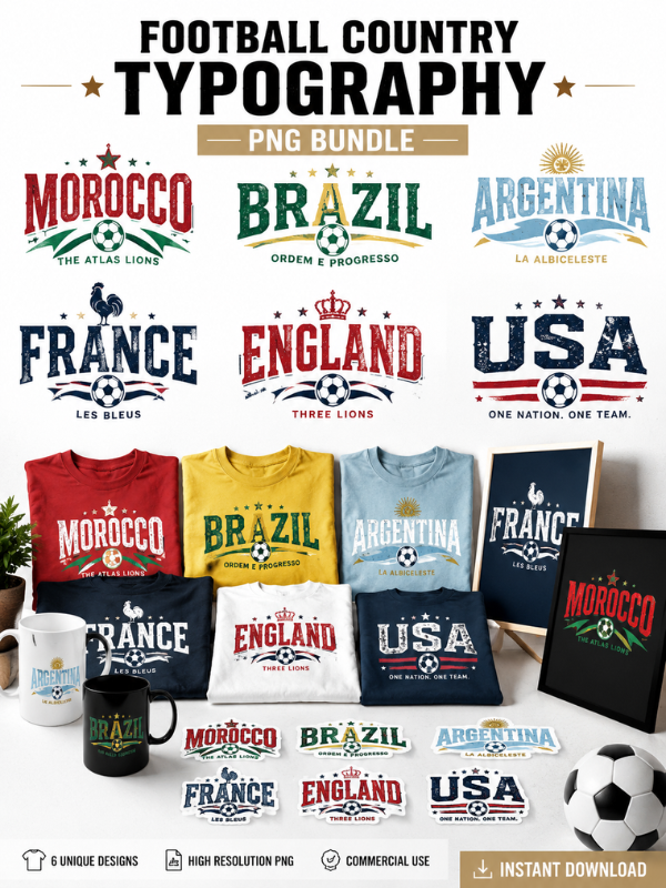 World Cup 2026 Country Typography PNG Bundle | 48 Nations Football Fan Designs | Soccer Team Typography Pack | Print Ready PNG
